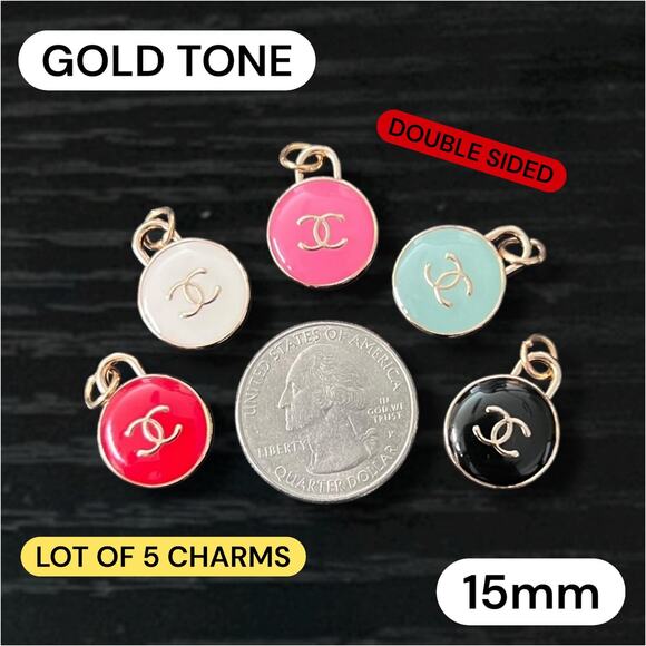 Lot Of 5 CC Double Sided Gold Tone Zipper Pull Button Charms 15mm - Picture 1 of 2